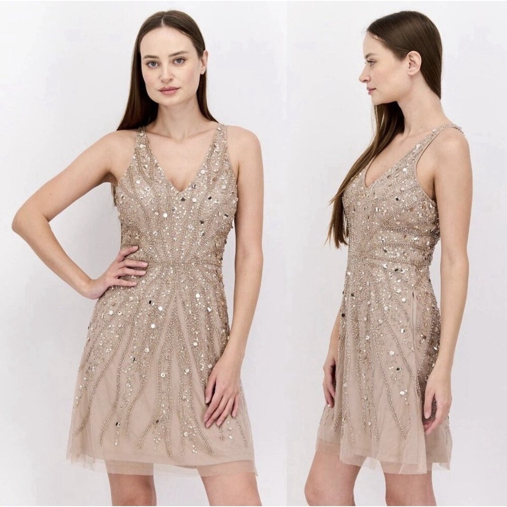 New! Aidan Mattox Taupe Sequin Halter V-neck‎ Mini Fit And Flare Dress Size 4